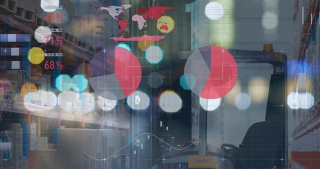 Animation of data processing over turret truck in warehouse - Powered by Adobe