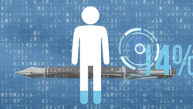 Human body icon with increasing percentage against fountain ink pen and binary coding