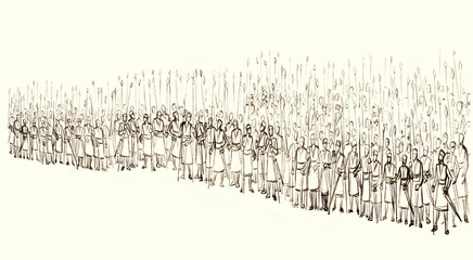 An army on the battlefield is lined up for battle