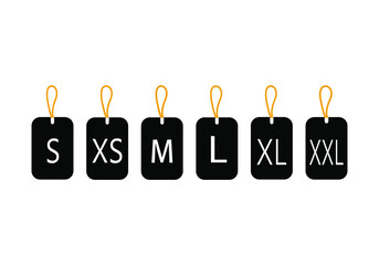 Black tags with the size of clothing isolated on a white background