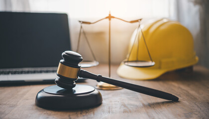 Judge's hammer and helmet Law and Justice about labor law concept Construction law. - obrazy, fototapety, plakaty