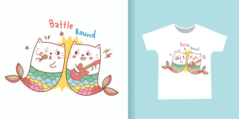 cute cat mermaid battle the music cartoon for t-shirt design.