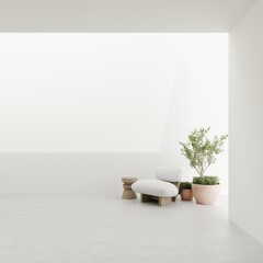 Empty wall mockup in bright minimalist living room architectural space interior 3d rendering with cozy armchair and greenery