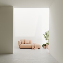Empty wall mockup in bright minimalist living room architectural space interior 3d rendering with cozy armchair and greenery
