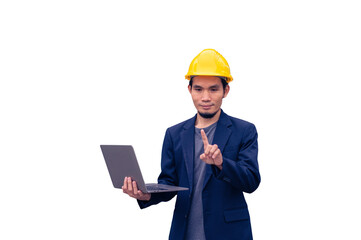 Asian engineer wear helmet hard hat on white background