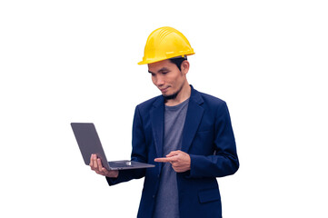 Asian engineer wear helmet hard hat on white background