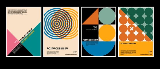 Artworks, posters inspired postmodern of vector abstract dynamic symbols with bold geometric shapes, useful for web background, poster art design, magazine front page, hi-tech print, cover artwork. - 509840528