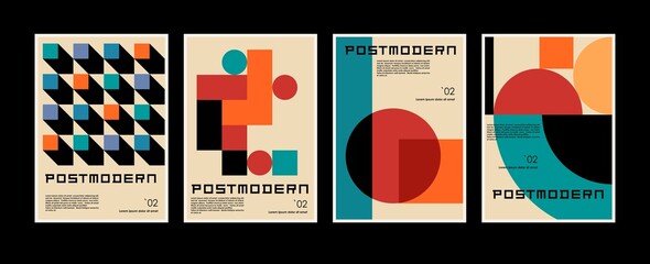 Artworks, posters inspired postmodern of vector abstract dynamic symbols with bold geometric shapes, useful for web background, poster art design, magazine front page, hi-tech print, cover artwork. - 509840555