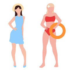 Summer party Women in swimsuits on the beach. Vector illustration of women in a swimsuit and in summer clothes Summer time. Summer vacation Fashionable girls with different hairstyles