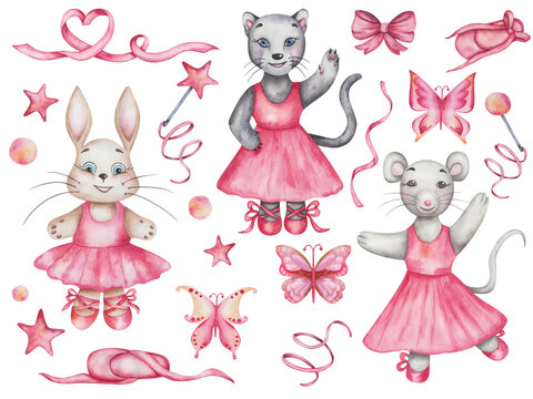 Watercolor illustration of hand painted grey mouse, black panther cat, brown rabbit. Girls in dance studio in pink dresses, ballet shoes. Cartoon animal characters. Isolated clip art for print, poster