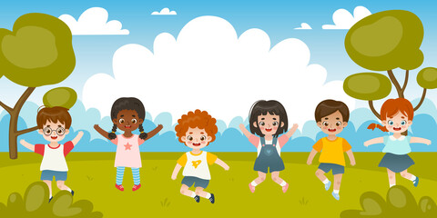 Long banner with diverse kids in the park. Adorable diverse kids jumping outdoors. Frame with happy toddlers.