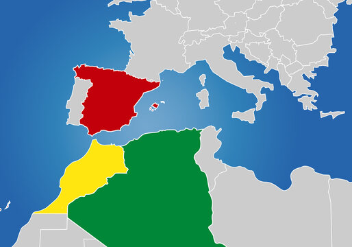 Espa&ntilde;a, Marruecos y Argelia mapas destacados. Relaciones internacionales