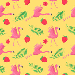 Pink flamingos bird pattern with tropical leaves and strawberries