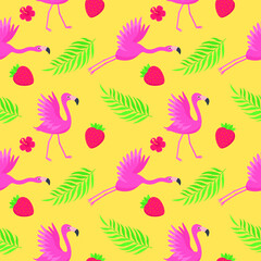 Pink flamingos bird pattern with tropical leaves and strawberries