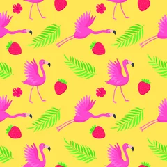 Stof per meter Vlinders Pink flamingos bird pattern with tropical leaves and strawberries