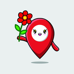 Cute cartoon pin location character holding red flower in concept 3d cartoon style