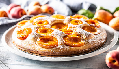 Delicious apricot cake sprinkled sugar powder on garden table.