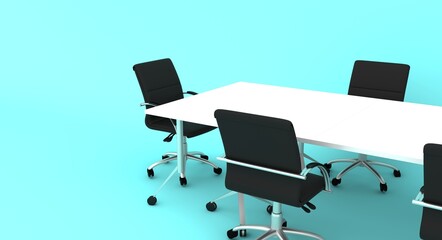 Conference table and black office chairs. Isolated render on turquoise background. 3d rendering.