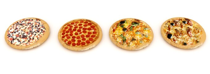 Mixed Pizza isolated and Tasty italian classic original pepperoni pizza. Perspective view. Isolated on white. 3d rendering.
