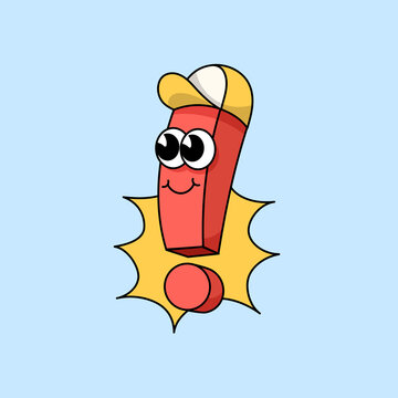 Cute smiling exclamation mark wearing hat character mascot design. Adorable old school retro cartoon style vector outline illustration
