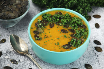 A bowl with home-made pumpkin soup