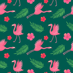 Pink flamingo bird pattern with tropical leaves