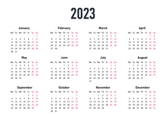White Calendar 2023. Reminder for planning. Seasons and months. Black weekdays and red weekend numbers, template or mockup for app development, interface elements. Cartoon flat vector illustration