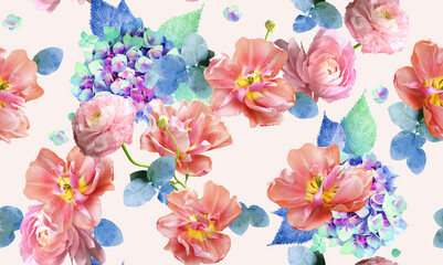 Trendy digital floral seamless photo pattern with tulips and hydrangeas.