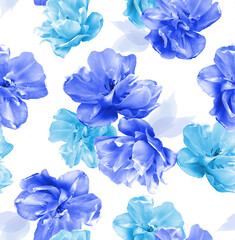 Trendy digital floral seamless photo pattern with blue tulips.