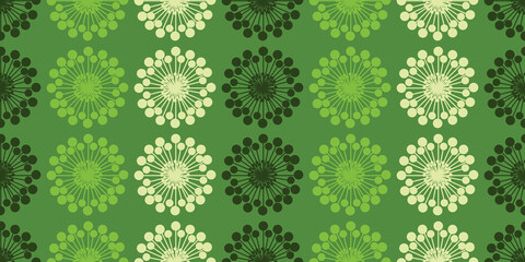 Many Rows of Colorful Large Flowers Pattern, Colored in Various Shades of Green - Retro Style Texture, Background, Design Element in Editable Vector Format