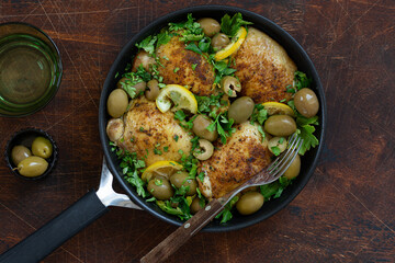 roasted chicken thigh with lemon and olives on pan