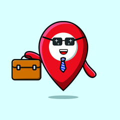 Cute cartoon pin location businessman character holding suitcase illustration