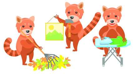 Set Abstract Collection Flat Cartoon Different Animal Red Pandas Picking Up Leaves With A Rake, Ironing Clothes, Hanging A Picture With A Hammer Vector Design Style Elements Fauna Wild