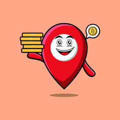Cute cartoon pin location character holding in stacked gold coin vector illustration in concept 3d cartoon style
