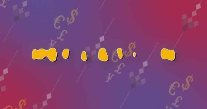 Words economic, crisis, inflation, recession, depression morph into each other on repeating looping pattern animation with down arrow and dollar, euro, pound, yen signs as background.