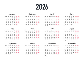 White Calendar 2026. Place to mark business meetings, seasons and months. Notifications and interface elements for program, website and application development. Cartoon flat vector illustration