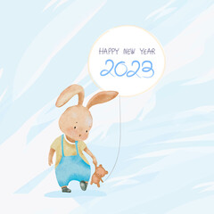 Happy New Year 2023, Rabbit holding teddy bear and balloon,Watercolor hand paint Cartoon bunny playing with brown bear,Vector Cute animal character element for greeting card for Year of Rabbit