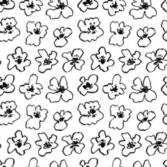 Childish style simple black flowers semaless pattern. Charcoal line drawing flowers. Hand drawn vector seamless pattern with botanical motif. Poppies, chamomile, peony and daisy. Black sketch