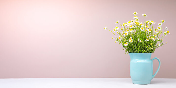Bouquet of daisies in a blue jug on a pink background