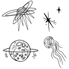 Vector illustration in space style: planets, satellites, space, constellations isolated on white background. Drawing blank for designer, printing on paper, postcards, baby clothes, bed, textiles