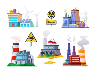 Green factories and hazardous production - flat design style icons set