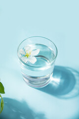 Fresh clear water drink with white flower apple tree in glass