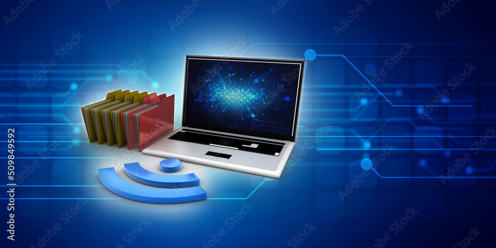 Poster 3d rendering folder connected to computer network with wifi