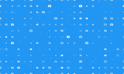 Seamless background pattern of evenly spaced white first aid symbols of different sizes and opacity. Vector illustration on blue background with stars