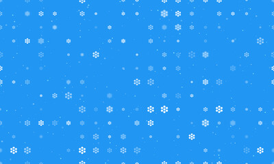 Naklejka na ściany i meble Seamless background pattern of evenly spaced white hive symbols of different sizes and opacity. Vector illustration on blue background with stars