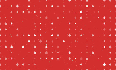 Seamless background pattern of evenly spaced white Christmas tree toys of different sizes and opacity. Vector illustration on red background with stars