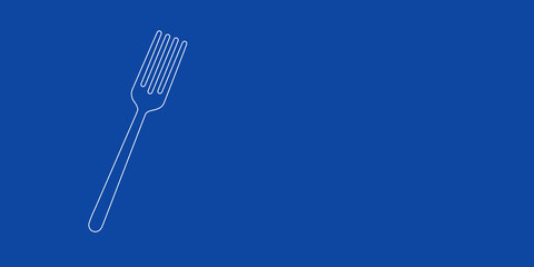 A large white outline fork on the left. Designed as thin white lines. Vector illustration on blue background