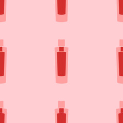 Seamless pattern of large isolated red shampoo symbols. The elements are evenly spaced. Vector illustration on light red background