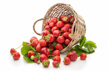 Strawberries in a wicker basket. Isolate on white background - obrazy, fototapety, plakaty