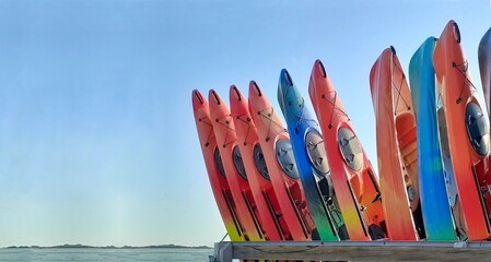 stack of colorful kayaks at the seashore - 509850772